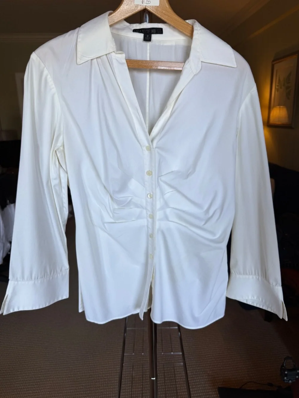 Lafayette 148 White Stretch Cotton Blouse - Ruched Front & Flared Cuffs - Picture 2 of 8